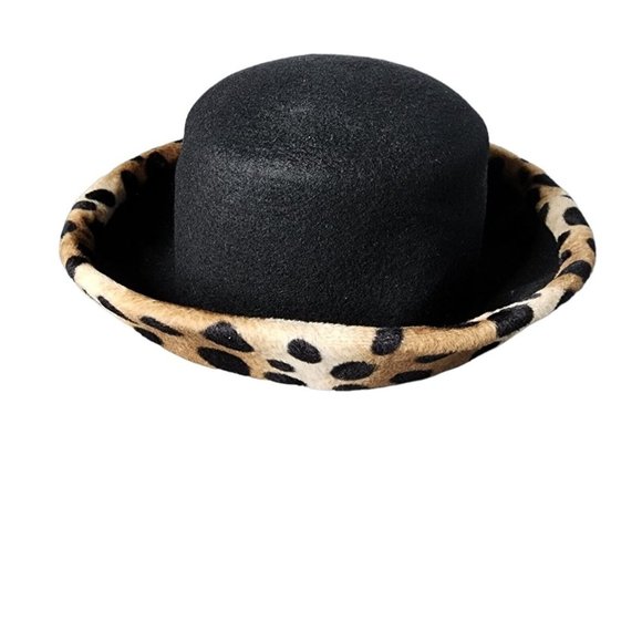 100% Wool Women\'s Black & Cheetah Print Roll-Up Brim Fedora Hat- Pre-owned main image 6